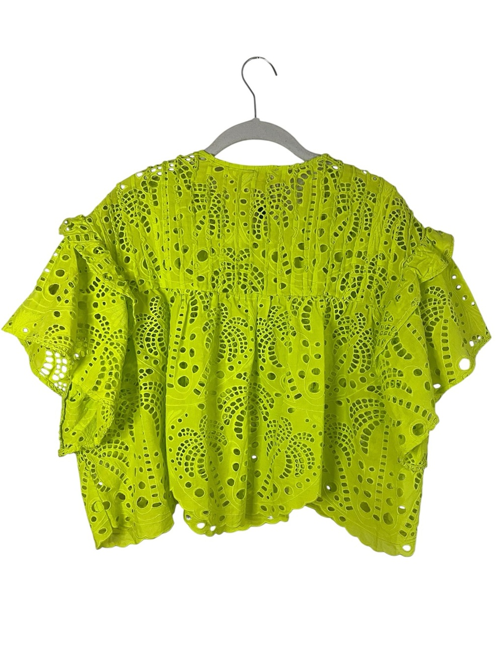 FARM Rio Palm Tree Richelieu Eyelet Ruffle Blouse Lime XS - Picture 5 of 12